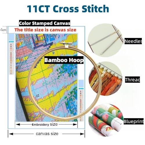 Generic Black Cat DIY Stamped Cross Stitch Kit for Beginners Easy with Hoop 11CT Needlepoint Embroidery Counted Cross Stitch Art Craft Wall Decoration 32x32cm (Unisex Adult)
