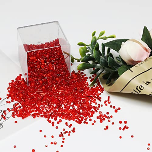 100g Mix Tube Beads Bugle Beads,3800+pcs Glass Bulk Spacer Multi Size 2-6mm Kit for Jewelry Making DIY Craft Bracelets Necklace Earring Making (Red Mixed) - color: Red Mixed, size: 2-6mm