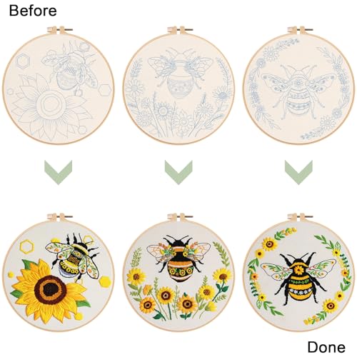 Nuberlic 3 Pack Embroidery Kit for Beginners with Bee Pattern - color: BEE