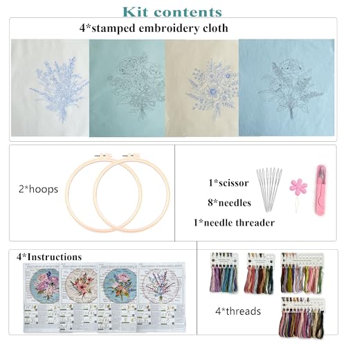 Myfelicity Embroidery Kit, 4 Flower Pattern Embroidery Set with 4 Patterns and 2 Hoops, Adult and Beginner Needlepoint Kit with Embroidery Floss, Needles, Cotton Fabric and Instructions…