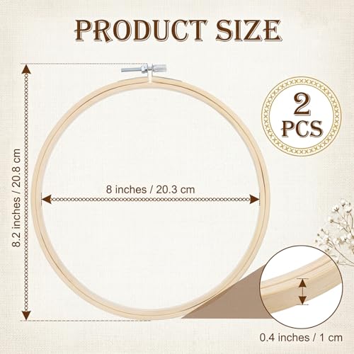 2PCS 8 Inch Embroidery Hoop Frame Set, Wood Embroidery Hoops 8 Inch, Round Circle Cross Stitch Hoop Ring for Embroideries Art Craft Sewing and Hanging Decoration
