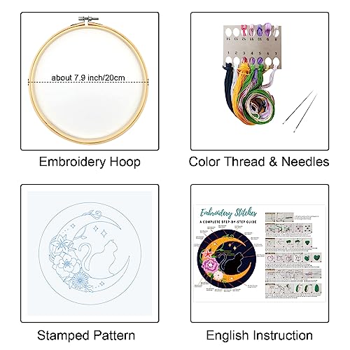 Louise Maelys Cat Moon Embroidery Kit for Beginners Floral DIY Craft Set - color: kit-18