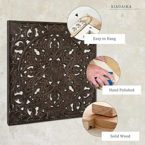 XIAOAIKA Boho Carved Wood Wall Art Panel, Floral Mandala, Distressed Brown - color: Distressed Brown
