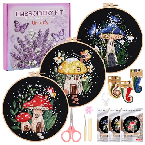 Uniartfy 3 Sets Embroidery Kit for Adults Beginners, Needlepoint Kits Cross Stitch, Hand Embroidery Starter Kit with Mushroom Stamped Patterns, Hoop, Tools, Colorful Threads with Needles, Instructions - color: Embroidery Kit-L