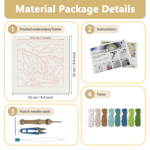 DOODLREAM Mountain Waterfall Punch Needle Kit for Beginner 9.4" x 9.4" - color: Waterfall