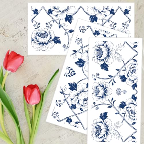 6 Sheets Vines, Roses, Peonies Rub On Transfers for Crafts and Furniture, DIY Craft Vinyl Waterproof Transfers Stickers for Wood Furniture, Door, Windows, Gifts and Home Decor 6x12” - style: Retro Blue Pattern