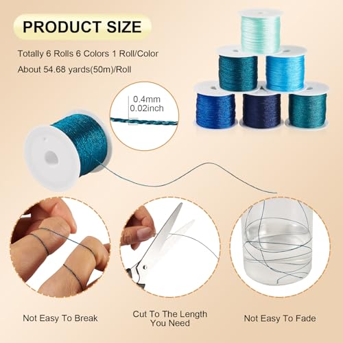 KISSITTY 328 Yards 6 Rolls Polyester Braided Metallic Thread Jewelry Beading Thread Embroidery Threads Thin Beading String for Embroidery DIY Braided Bracelets Sewing Craft Bead Weaving Jewelry Making - style: Assorted 5