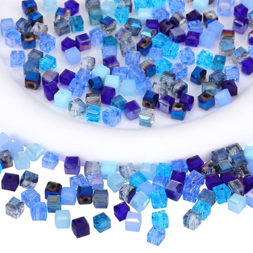 BEEFLYING 200Pcs 6mm Crystal Cube Glass Beads Square Loose Glass Spacer Beads for Jewelry Bracelet Necklace Earring DIY Craft Home Decor（0.24inch Blue - color: Blue, size: 6mm