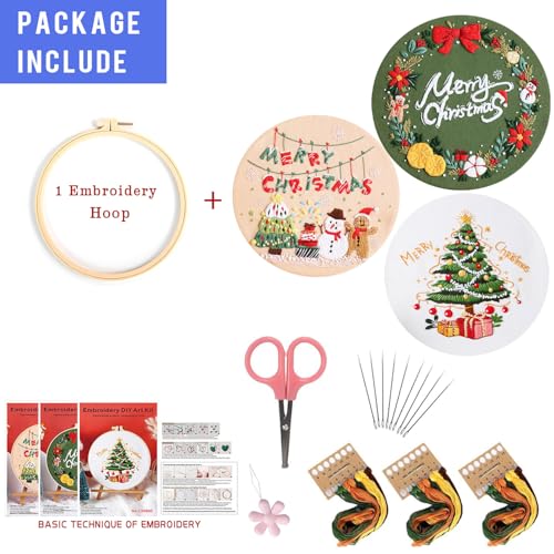 LB Christmas Embroidery Kit for Beginners Adults, 3 Sets Hand Embroidery Starter Kit with Wreath Pattern and Instructions Stamped Cross Stitch Kits Include Embroidery Hoop Needles Threads Scissors - color: Beige Green