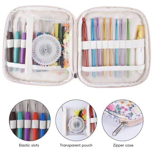Crochet Hook Case,Portable Zipper Storage Organizer Bag for Crochet Hooks, Knitting Needles, Project & Sewing Supplies, Lightweight,Easy to Hold (No Accessories Included).Beige Flower Clusters - color: beige flower clusters
