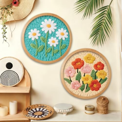 BEUNITONE 2PCS Flower Punch Needle Kit for Adults Beginners, Complete DIY Craft Needlepoint Kits with Hoop, Punch Needle Starter Craft Embroidery Set for Handmade Decor & Floral Stitching Projects - color: 07-Flower Bed