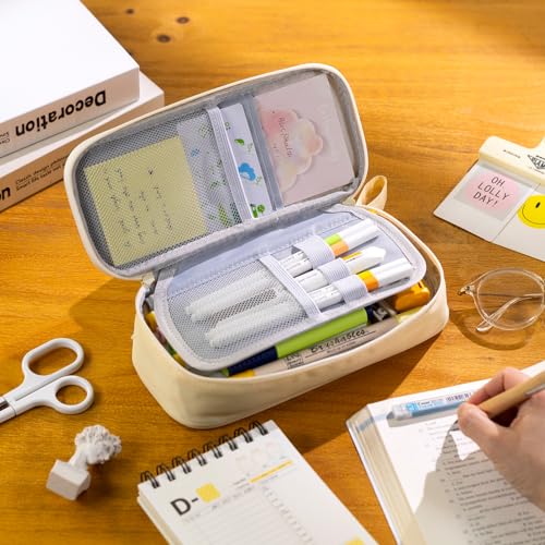 CICIMELON Durable Pen Pencil Case Big Storage Pen Pouch Bag for School Supplies College Teen Girls Adults, Beige - color: Beige