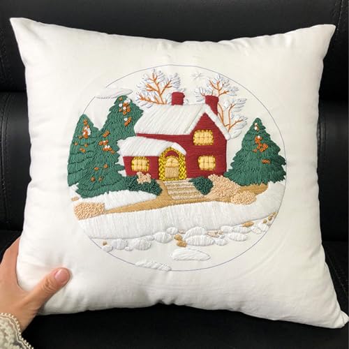 FONNUY Christmas Embroidery Kit for Beginners, Throw Pillow Case Cross Stitch Set Winter Snow House Holly Tree Pattern for Adults, Hand Works Crafts Throw Pillow Cover, 18 x 18'' (White) - color: White