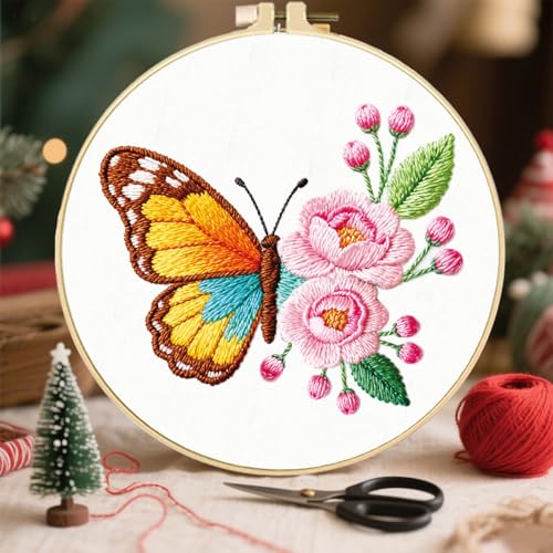 FREEBLOSS 4 Sets Embroidery Kit for Beginners Needlepoint Flower Butterfly Stamped Embroidery Starter Kit with Instructions, Needles, Threads, 2 Hoops 11.6"/29.5CM - style: Butterfly Flower