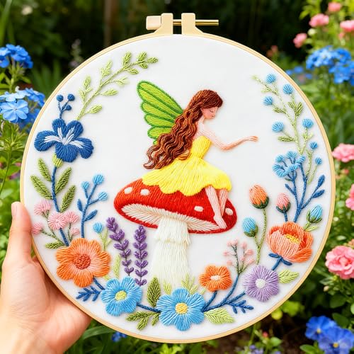 BEUNITONE 4 Set Fairy Patterns Embroidery Kit for Beginners 7.9"x7.9" DIY Complete Needlepoint Kits for Adults, Cross Stitch Starter Kit with Hoops and Instructions, Handmade Gifts for Home Decor - style: A-Fairy