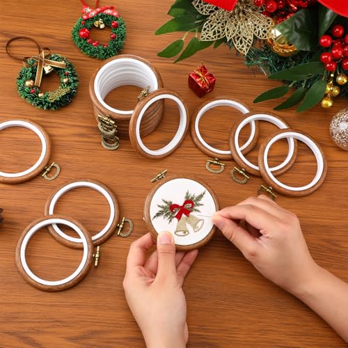 Fiwochic 30 Pcs 3.6 Inch Mini Embroidery Hoops Bulk Walnut Wood Color