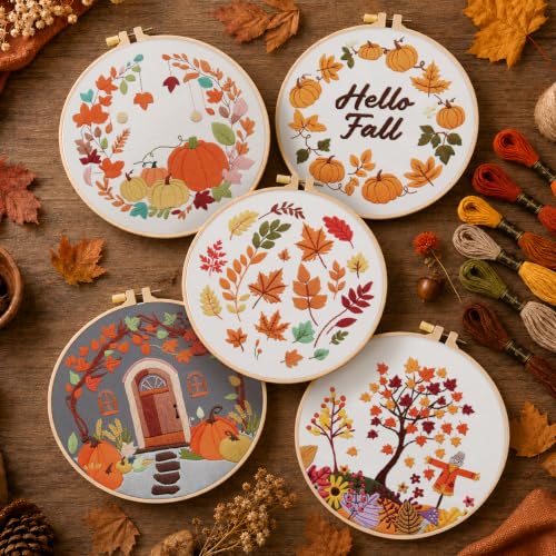 5 Sets Fall Embroidery Kits for Beginners, Autumn Pumpkins and Maple Leaves Embroidery Starter Kit for Adults Thanksgiving Gifts with Stamped Pattern DIY Needlepoint Kit Cross Stitch Set with 2 Hoops - size: Fall