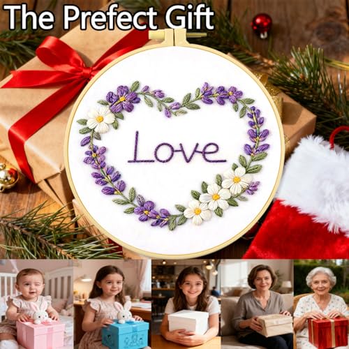 Zhenqing Heart Wreath Embroidery Kit for Beginners, Pre-Printed 29x29cm Cotton Fabric with 20cm Hoop, Love Floral Design for Romantic Gift and Home Decor (C0236)