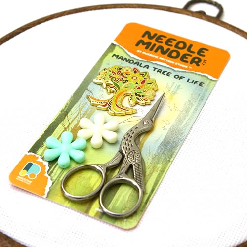 Awesome Pattern Studio Needle Minder Set - Mandala Tree of Life Magnetic Needle Minder + 2 Needle Threaders + Crane Scissors. Enamel Pin for Cross Stitch, Embroidery and Craft - size: TreeOfLife Set #2