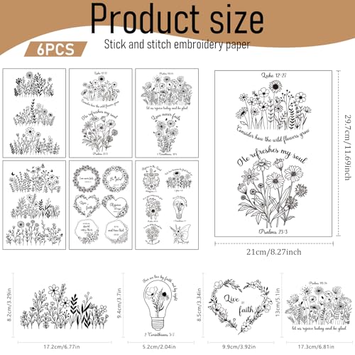Water Soluble Embroidery Patterns Stabilizers, 6 Sheets Floral Stick and Stitch Embroider Paper Wash Away, Pre-Printed Bible Verses Flower Transfer Paper DIY Gifts for Hand Sewing Lovers Beginners - size: Bible Flower B