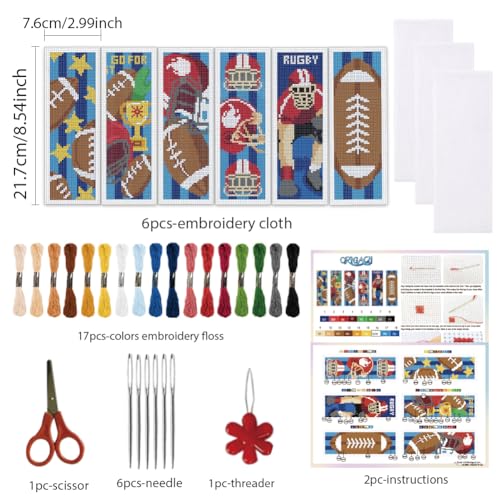 ORIGACH 6 Rugby Set Cross Stitch Bookmark Kit for Beginner - style: Rugby
