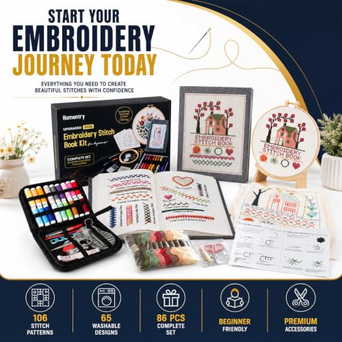 Homentry Embroidery Kit for Beginners | Gift Box with Full Set | Video Tutorial, 3pcs Hoops, 106 Patterns, 65 Water Soluble Designs, 86PCS Sewing Supplies | Starter Cross Stitch Book Kit