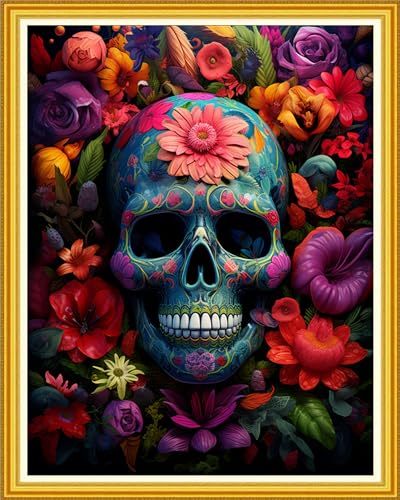 DMCVIVR Stamped Cross Stitch Kits for Beginners Adults Needlepoint Kits for Beginners Embroidery Kits for Adults Crossstitch Kit for Beginners 11CT-Skeleton Colorful Flower 16x20 inch, ArtKits13 - color: ArtKits13
