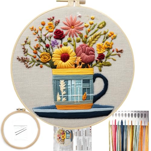 FONNUY Floral Embroidery Kit for Beginners, Colorful Flowers Pre-Stamped Pattern Kits for Adults with Hoop, Thread Needlework, 8'' Hoop (Cup) - color: Cup