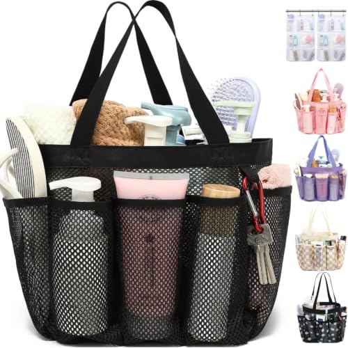 Fammart Mesh Shower Caddy Portable for College Dorm Room Essentials, Odorless Polyester Large Shower Tote Bag with Dual Handles, 8-Pocket Quick-Dry Toiletry Organizer for Travel, Beach, Camping, Gym - color: Multiple Pockets, 1 Pack - Black
