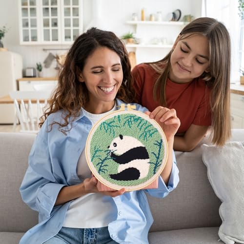 KESTAR Punch Needle Embroidery Starter Kits, Panda Bamboo Punch Needle Kits for Adults Beginner, Needle Punch Kit Tool with Instruction Threader Fabric Yarns and Hoop - color: Black White Panda