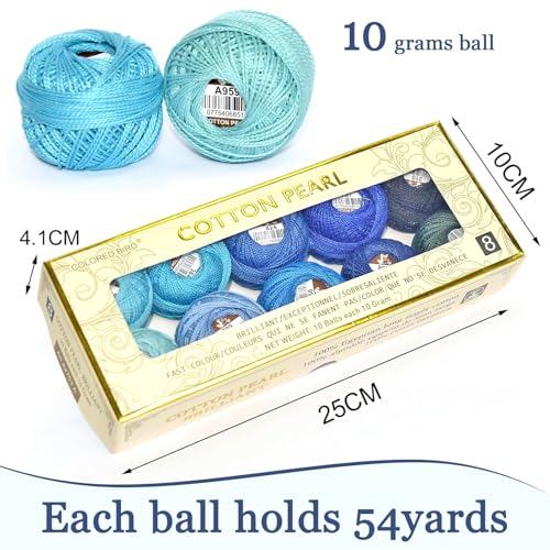 Double Mercerized Egyptian Long Staple Cotton Pearl Thread Ball 10 Grams Rainbow Color Embroidery Thread 10 Colors per Box for Crochet Hardanger Cross Stitch Hand Embroidery,Blue Series - color: blue series