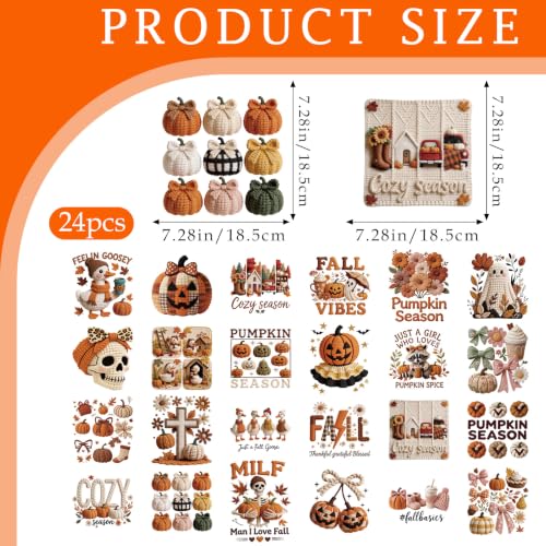 Dazoratix Fall Iron on Transfers - 24 Sheets Pumpkin Cozy Season DTF Ready to Press Cute Ghost Bow Heat Patches Autumn Thanksgiving Vinyl Stickers Decals for T Shirts Clothes Hoodies Pillow DIY Crafts - style: Fall Pumpkin
