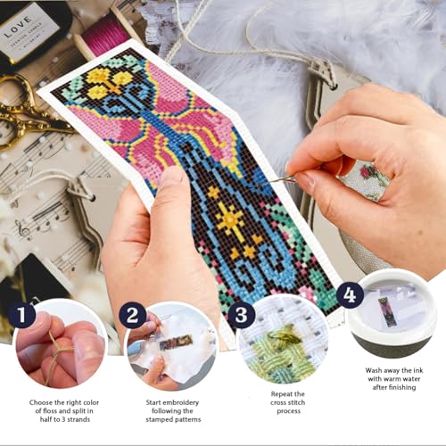 INFUNLY 6Pcs Cross Stitch Bookmark Kit 3x8.5 Inch Butterfly Stamped Embroidery Starter Set for Adults DIY Fabric Needlepoint Bookmark with 16 Colors Floss Scissor Threader Backing Felt for Book Lovers - style: Butterfly