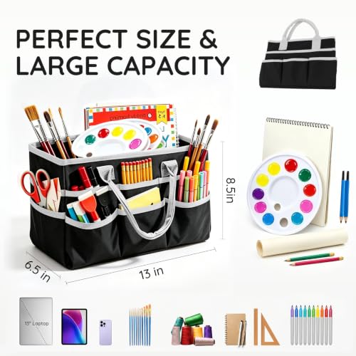 Craft Organizer Tote Bag, Art Supply Storage Bag for Art Supplies - color: Black & Gray (6.5"D x 13"W x 8.5"H)