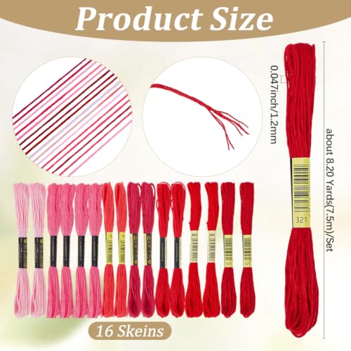 16 Skeins 131 Yards Multicolor Embroidery Thread Set 6 Ply 1.2mm Cotton Cross Stitch Embroidery Floss Friendship Bracelet String for Bracelet Making Knitting Stitching Sewing Crafts (Red) - color: Red