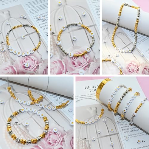 Looconi 1400pcs Letter Beads Gold Alphabet A-Z and Smiley Heart Beads White Acrylic for Jewelry Making Bracelet - color: Goldsmiley, size: 7x4mm