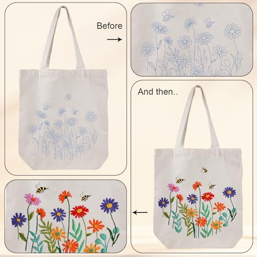 Louise Maelys Bee and Flowers Embroidery Kit for Beginners Canvas Tote Bag - color: daisy flower