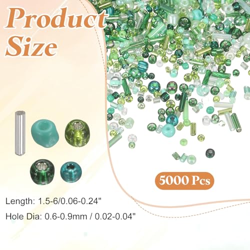 MECCANIXITY 5000 Pcs Mixed Glass Seed Beads, 1.5-6mm Mini Loose Glass Bugle Spacer Bead Embroidery Beads for DIY Craft Projects Earrings Necklaces Bracelets Jewelry Making, Green - color: Green
