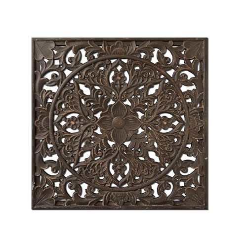 XIAOAIKA Boho Carved Wood Wall Art Panel, Floral Mandala, Distressed Brown - color: Distressed Brown