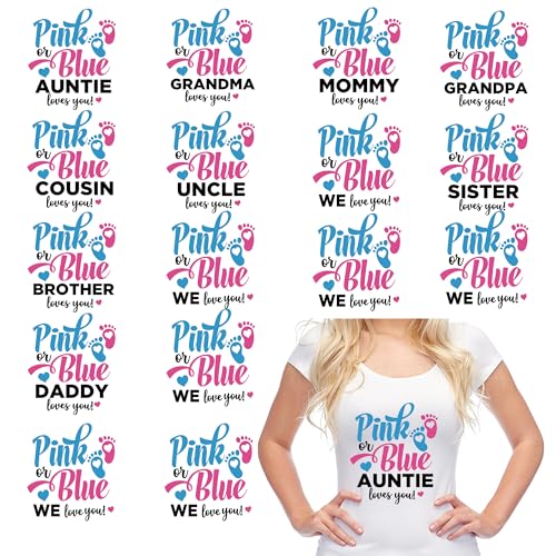 16 Sheets Gender Reveal Iron on Transfers for T-Shirts - style: Pink or Blue