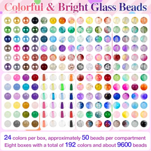 192 Colors 9600pcs 8mm Dream Candy Colorful Series Glass Beads Bracelet Making Kit,8 Box Different Unique Styles Crystal Bead for Making and DIY Crafts - color: 8 Boxes 6mm Round Glass Beads