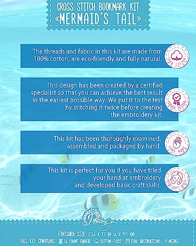 Povitrulya Mermaid's Tail - Counted Cross Stitch Bookmark Kit - DIY Embroidery Set for Adults with Paper Pattern, 16-Count Aida Canvas and Presorted Floss - color: Mermaid's tail