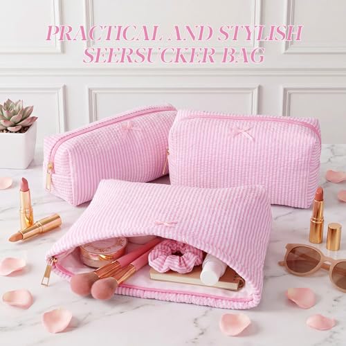 Sanwuta 3 Pcs Seersucker Pouch Cosmetic Bag Set,Light Pink - color: Light Pink