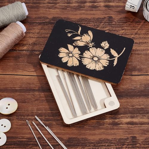 AHANDMAKER 2 pcs Wooden Needle Box Sewing Needle Storage Box Sewing Pins Organizer with Flower Print for Quilters, Sewers, Tailors, Black,3.15x1.97x0.14 Inch