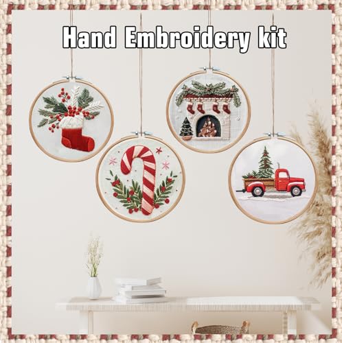 CanVrinxol 4 Sets Christmas Embroidery Kits for Adults Beginners, Cross Stitch Kits with Patterns, Hoops, Threads, Needles & Tools, DIY Craft Gift Ideas (Christmas Collection 2) - style: Christmas Collection 2