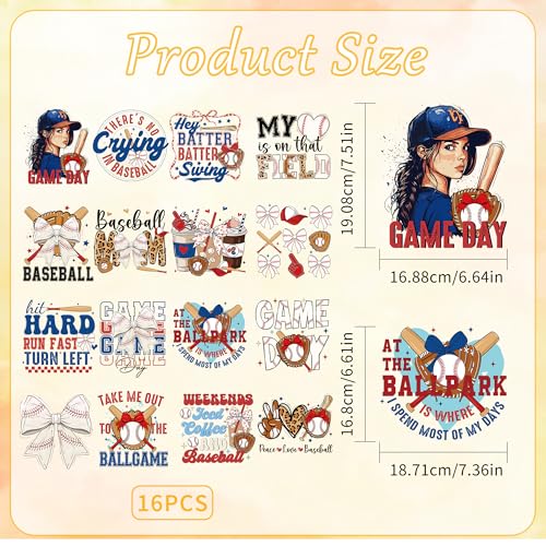 16 Sheets Baseball Iron on Transfers for T-Shirts - style: Baseball