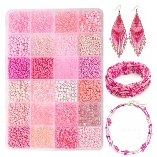 24 Grid Pink Glass Seed Bugle Tube Beads Kit for Jewelry Making DIY Craft - color: pink, size: 24 Grid