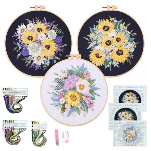 Silentsea Floral Embroidery Kit with Hoop, Sunflower Bouquet Pattern, 3 Designs, Beginner Cross Stitch Set