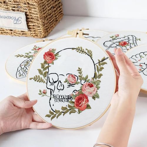 5 Sets Skull Embroidery Kits for Beginners Adults, Anatomy Embroidery Starter Kit for Doctors Nurses Christmas Gifts with Floral Stamped Pattern DIY Needlepoint Kit Cross Stitch Set Includes 2 Hoops - size: organ