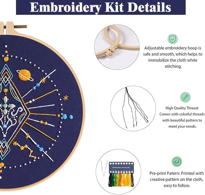 GLTAYLMY 3 Set Tarot Embroidery Starter kit with Patterns and Instructions, DIY Adult Beginner Cross Stitch Kits, Including 1 Plastic Embroidery Rings,Colored Threads and Needles - color: Tarot